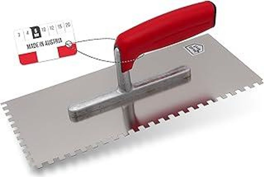 Zahnkelle aus Edelstahl 6 mm - Glättekelle gezahnt Rostfrei - Zahnspachtel mit Softgriff - Traufel Hergestellt in Österreich 280x130mm (6x6mm)