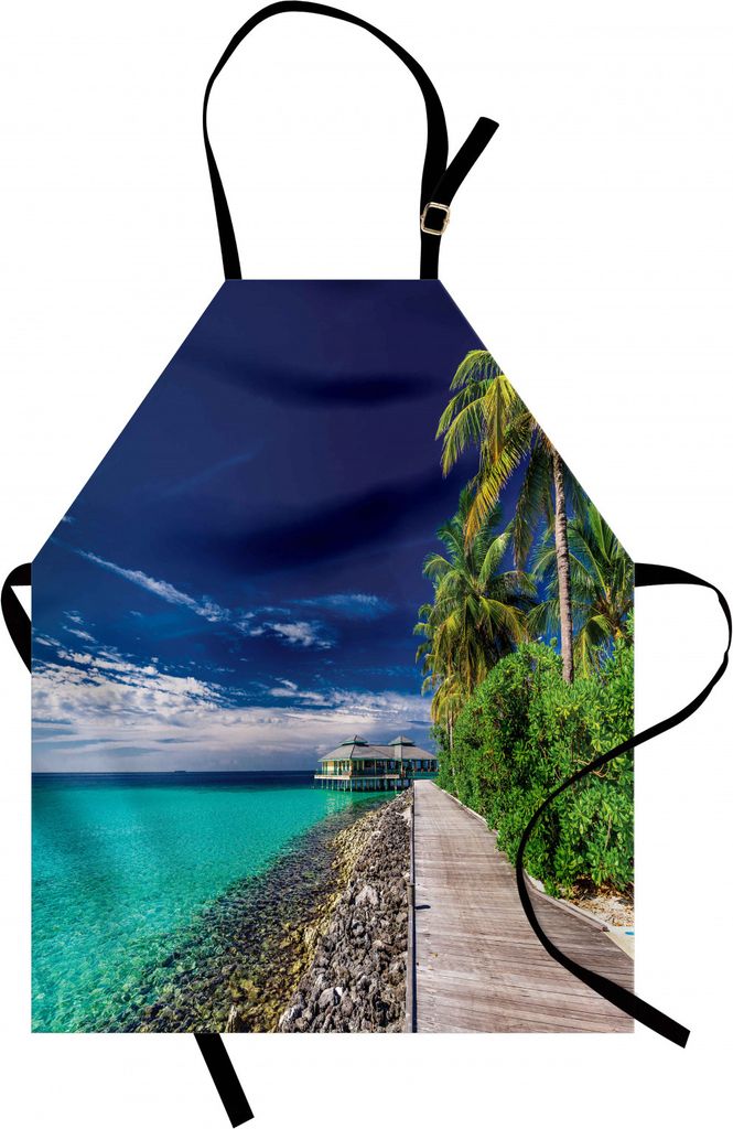 ABAKUHAUS Ozean Kochschürze, Eine hölzerne Promenade an den Strand-Palmen in der dunklen Himmel-hawaiischen Paradies-Szene, Farbfest Höhenverste...