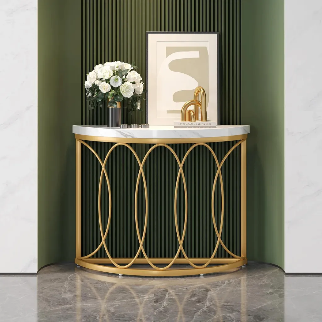 Console dorée au design géométrique 110 cm table d'appoint demi-lune