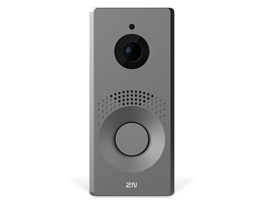 A gray smart doorbell with a camera and speaker.