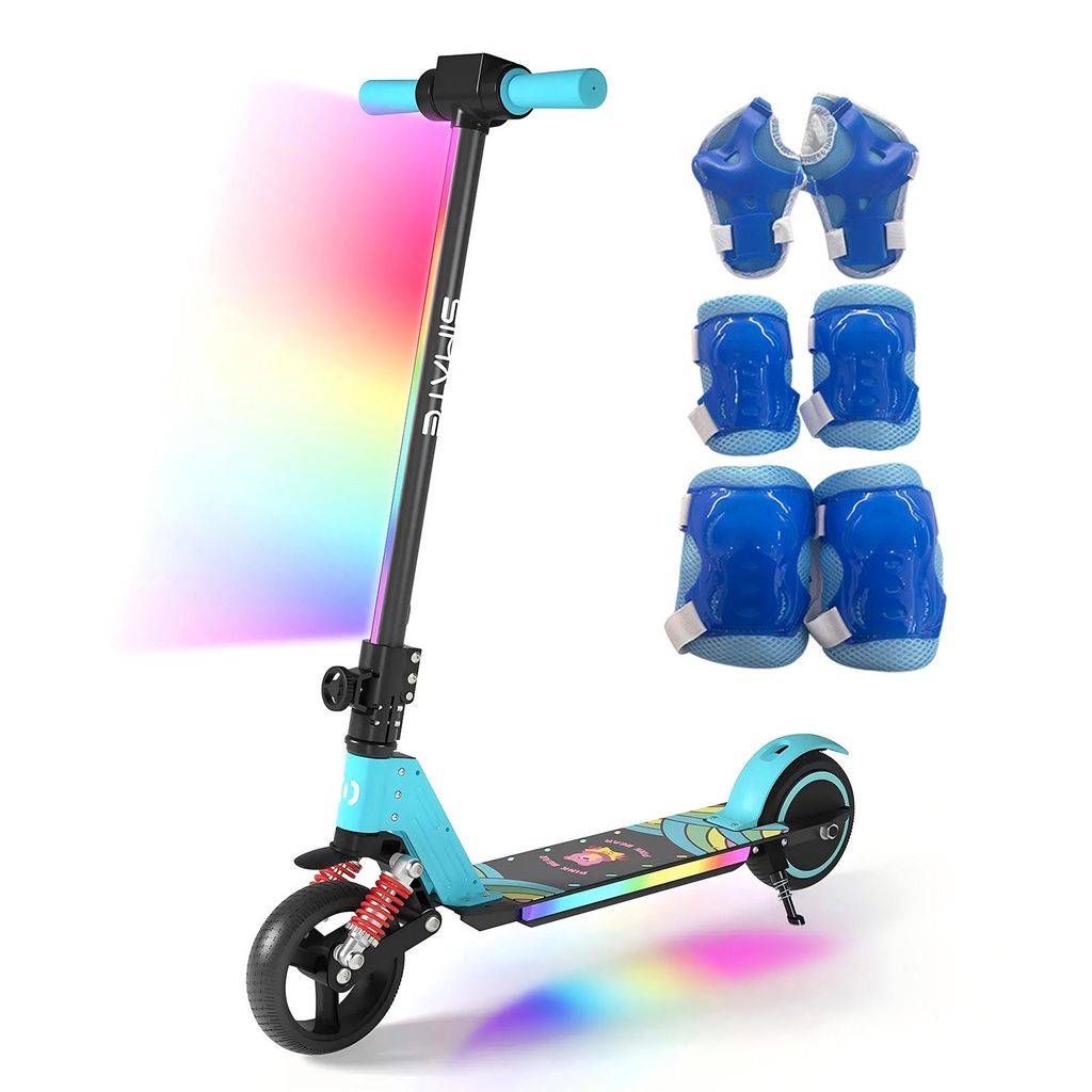 Elektroroller Kinder mit Schutzausrüstung, Elektroscooter Für 6–12 Jahre, 130W, 14 km/h, 5–8 km, LED Licht, Stoßdämpfer, Klappbar E-Scooter...