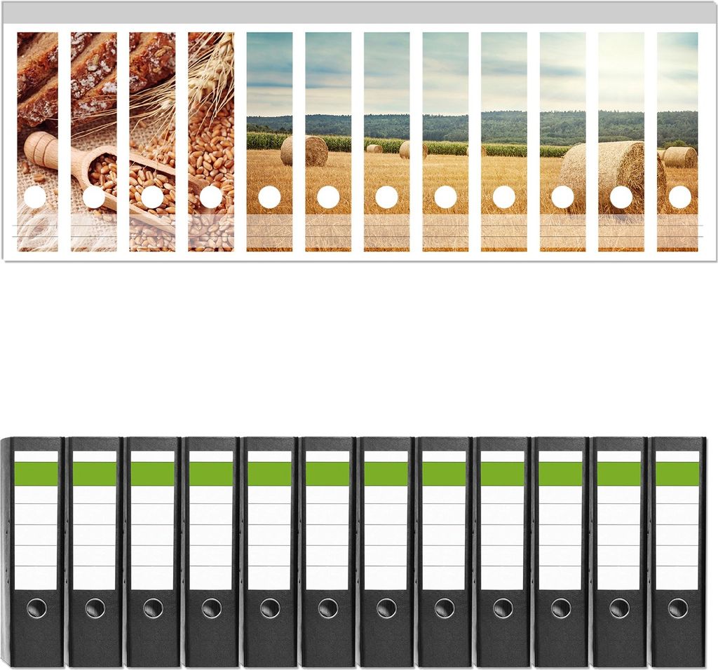 Wallario 12 Stück breite Ordner inkl. Klebeetiketten mit Motive Weizen und Mehl Vom Korn zum Brot - Set mit Rückenschildern / Ordnerrücken Sti...
