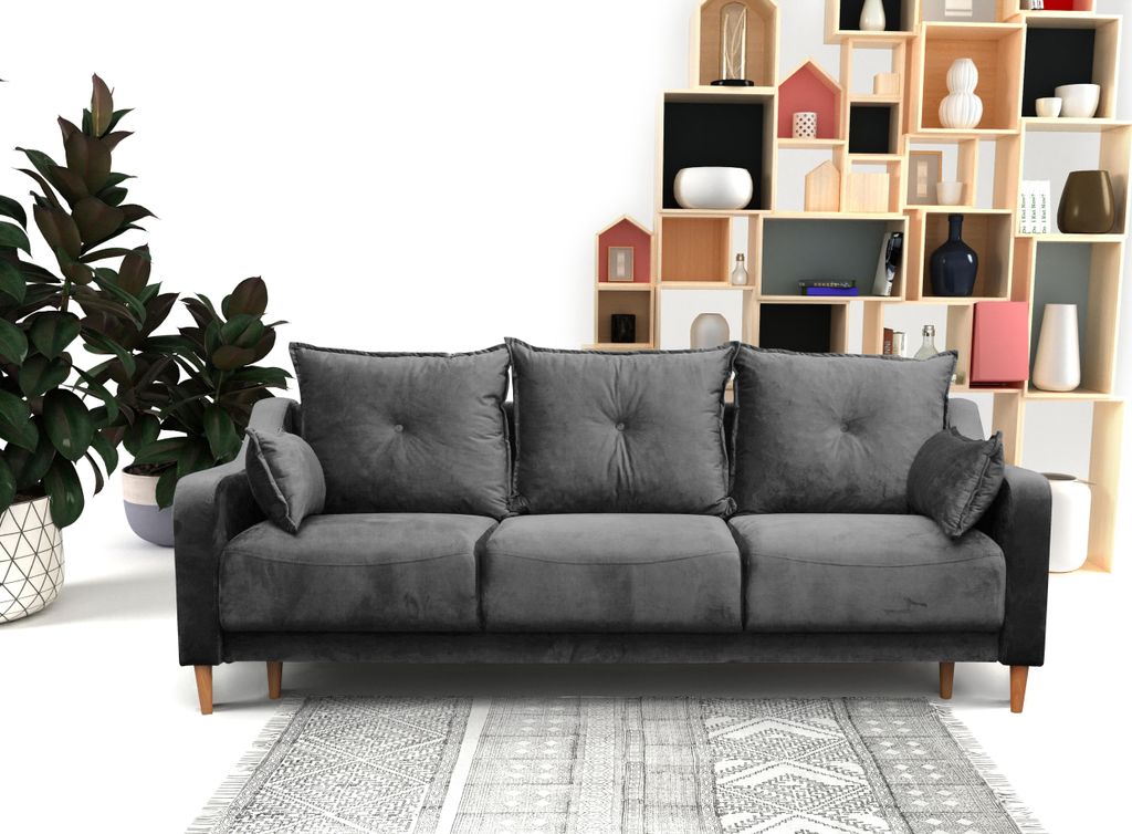 Moderne Schlafsofa mit Bettkasten LENNY, Sofa mit Relaxfunktion, Couch inklusive Wellenunterfederung (Stoff: riviera 91 - grau)