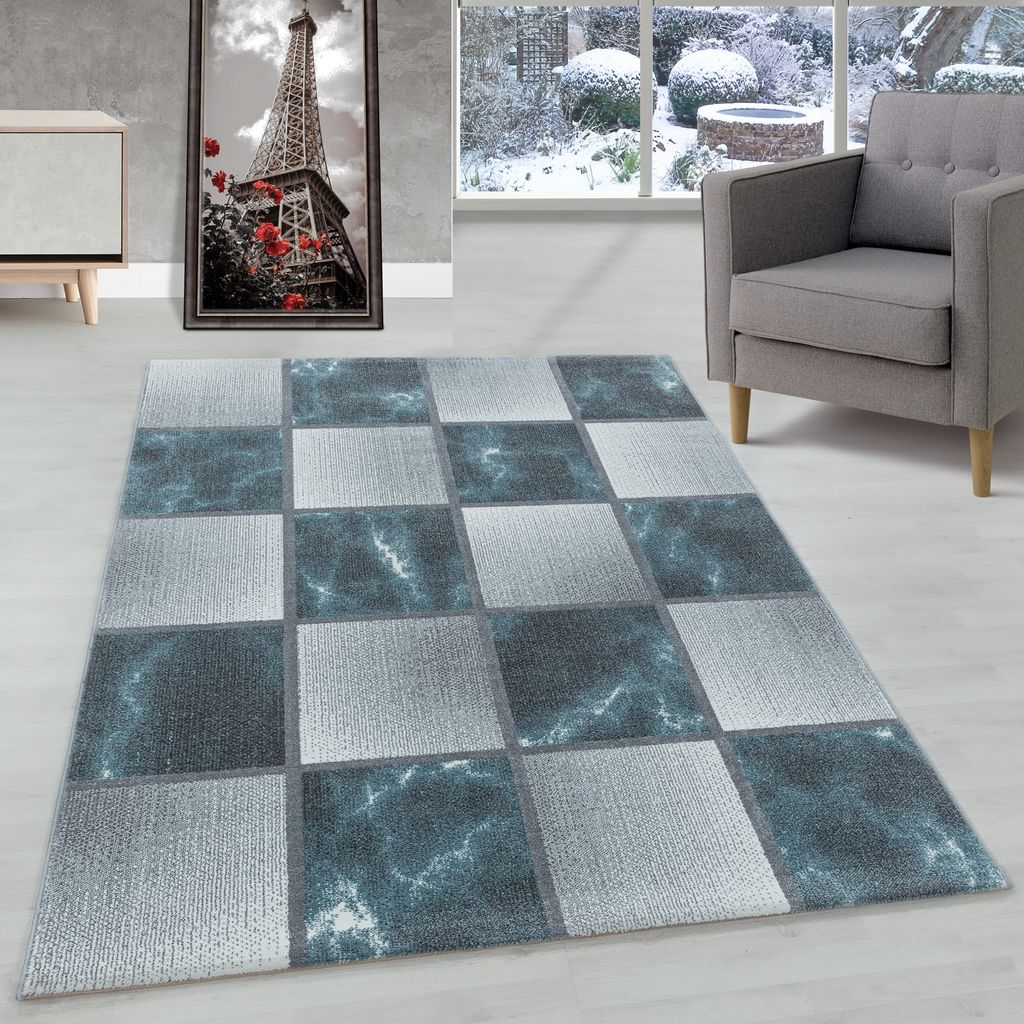 Modern Designer Wohnzimmer Teppich Weicher Kurzflor Kariert Design Robust, Farbe:Blau, Grösse:80x250 cm