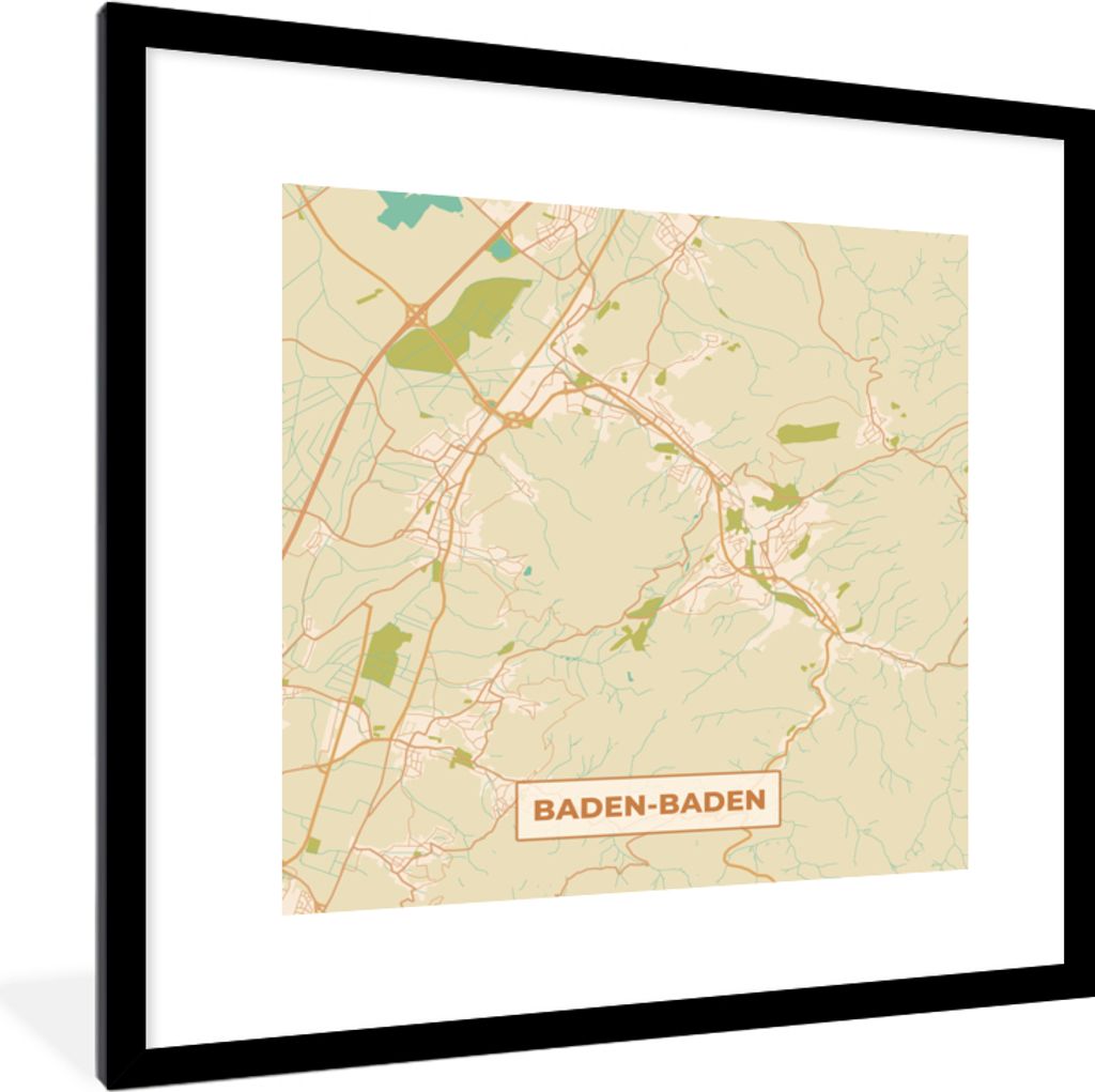 MuchoWow Gerahmtes Poster Karte - Baden-Baden - Vintage - Stadtplan 40x40 cm - Poster mit Schwarzem Bilderrahmen Wandposter Rahmen Foto Bilder - ...