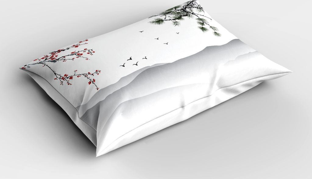 ABAKUHAUS Blumen Kopfkissenbezug, Chinesische Malerei Art Grafik Mit Baumasten Vogel Gebirgslandschafts Kunst, 40x80 cm, Rot Grün Schwarz