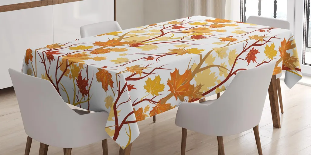 ABAKUHAUS Tovaglia Fallen, Foglie autunnali vorticose con elementi stagionali ombreggiati, immagine estetica naturale e artistica, 140 x 240 cm, giallo arancione