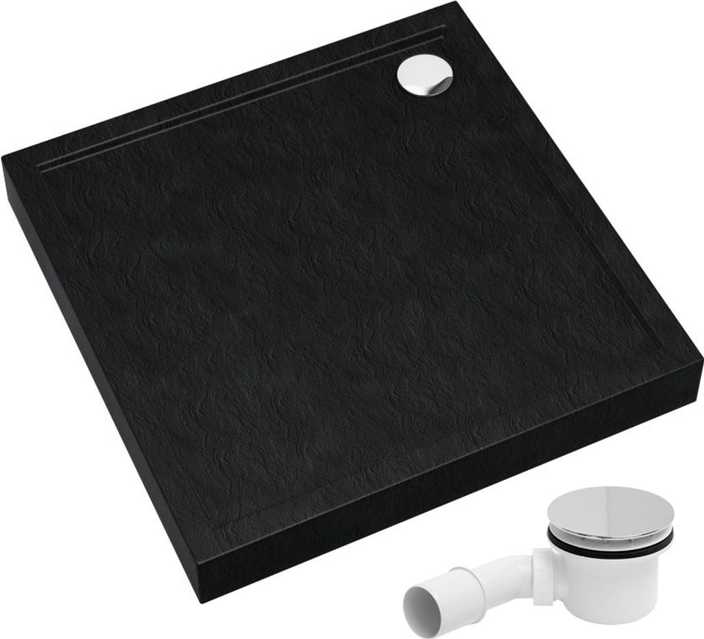 AQUABAD Duschwanne Komplettset Ultima LeakProtect Black Stone 90x90cm Quadrat mit Ablaufgarnitur Alcadrain A49CR