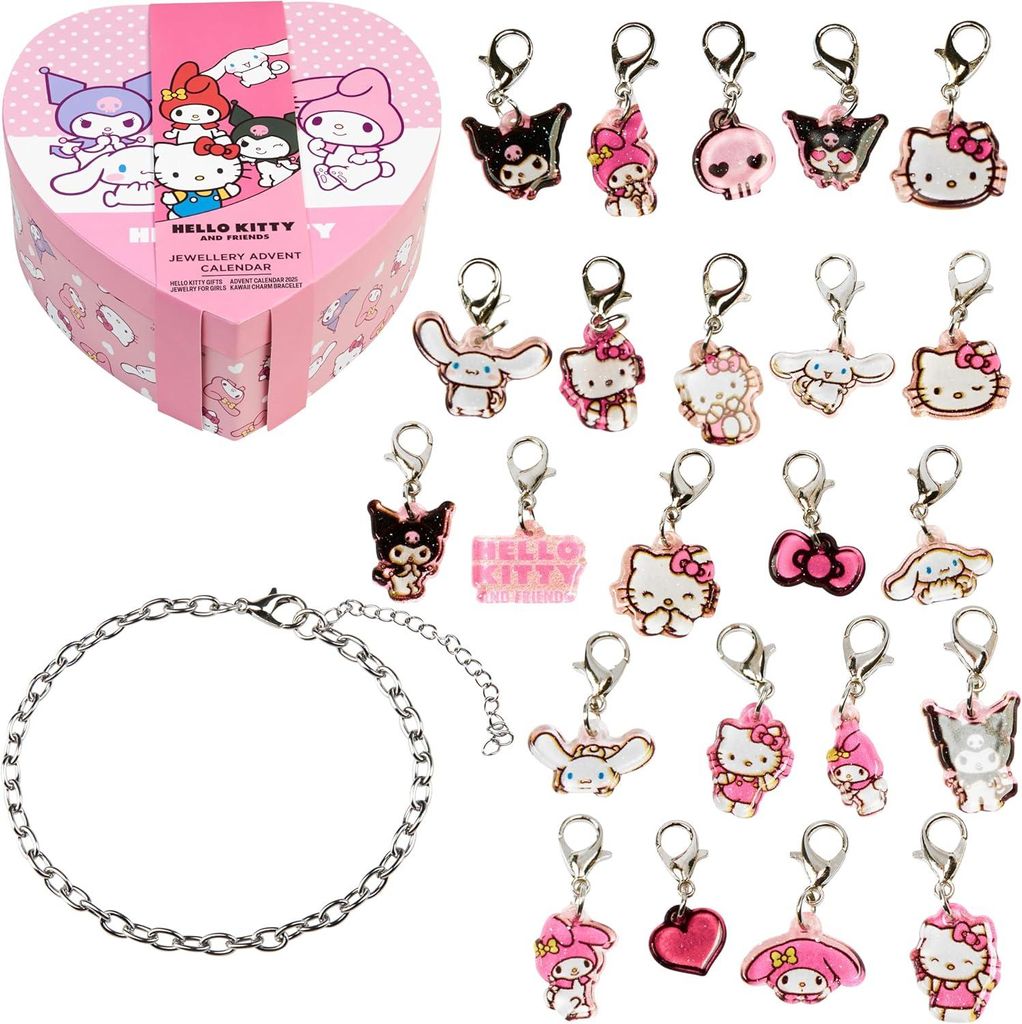 Hello Kitty Schmuck Adventskalender 2025 Kinder DIY Charm Armband 24 Türen Rosa Weihnachtskalender Mädchen Teenager Kawaii Anime Geschenk