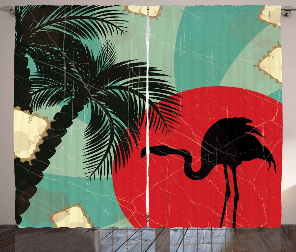 ABAKUHAUS Tropisch Rustikaler Vorhang, Grunge Flamingo Palm, Wohnzimmer Universalband Gardinen mit Schlaufen und Haken, 280 x 245 cm, Mehrfarbig