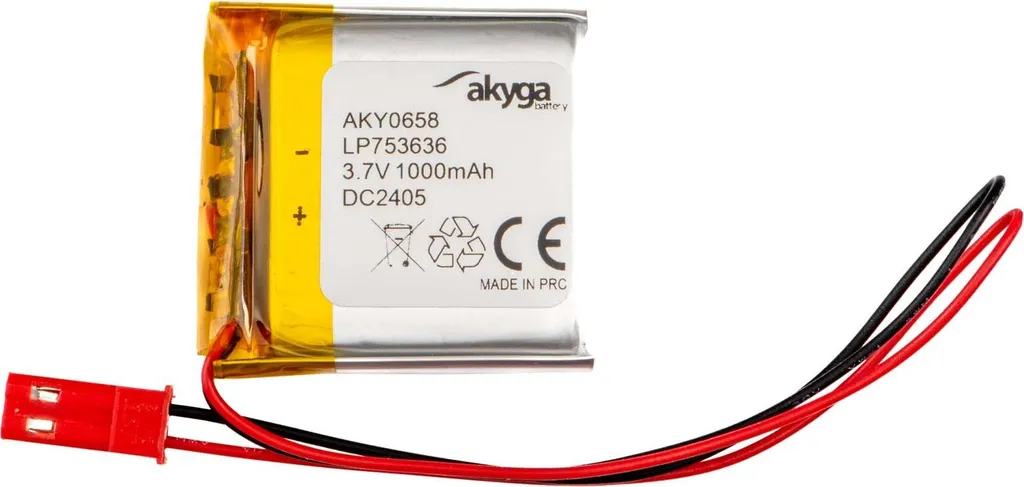 Batterie rechargeable Lithium-Polymère 3.7V 1000mAh LP753636 Akyga JST