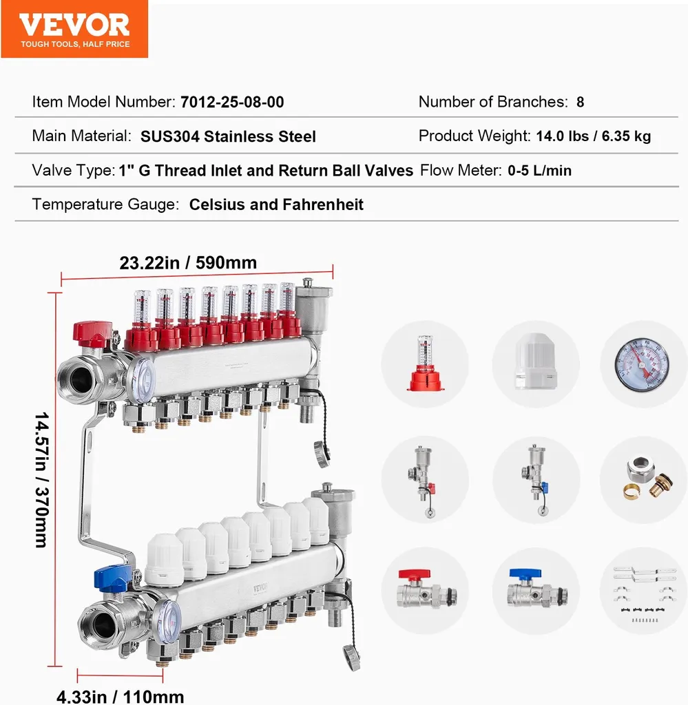 Distributeur de chauffage au sol à 8 circuits avec débitmètre 5L/min - 7