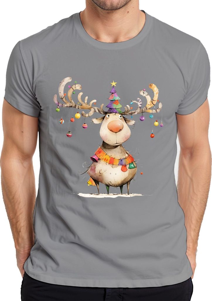 Rentier Weihnachten Geweih Christbaumkugel Lustig Kinder Bunt Herren T-Shirt, Grau, XXL