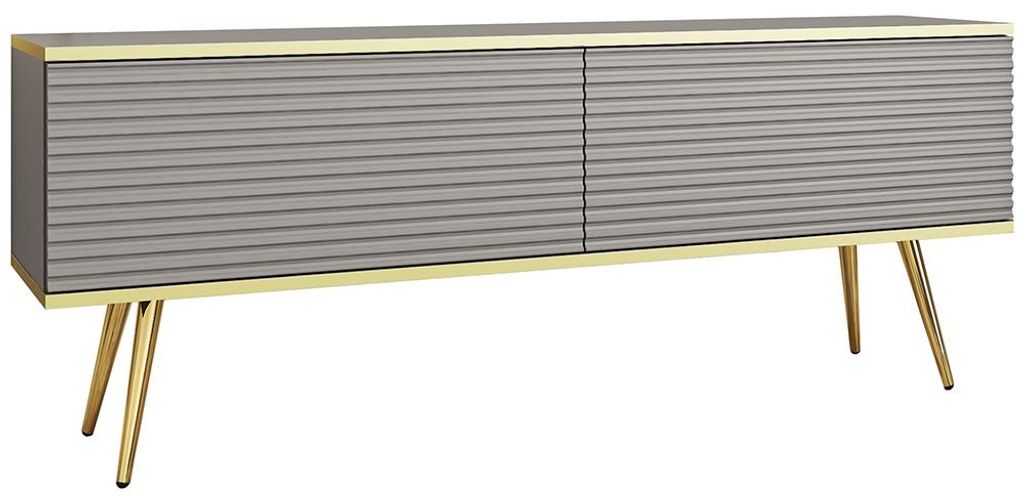 Wohnzimmer Lowboard mit 135 cm Breite in Grau, Rillenfront & goldfarbenen Füßen - OLOVO-160