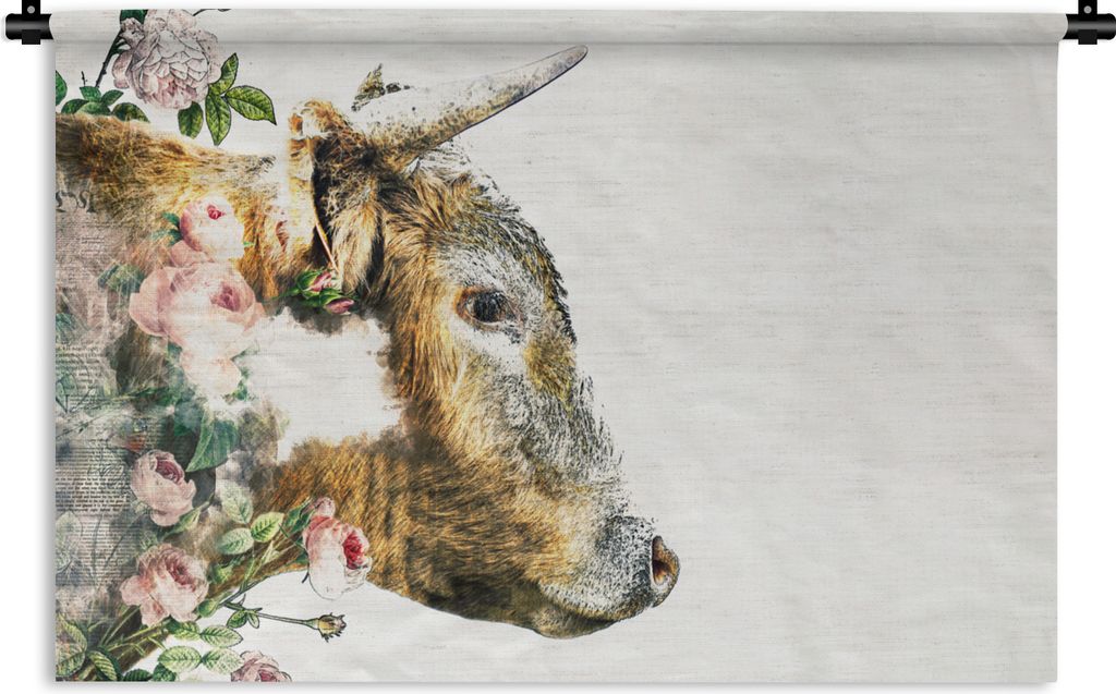 MuchoWow Wandteppich Wandbehang Schottisches Hochlandrind - Kuh - Rosen - Rosa 120x80 cm Tapisserie Dekoration Wandtuch - Wanddekorationen - Wand...