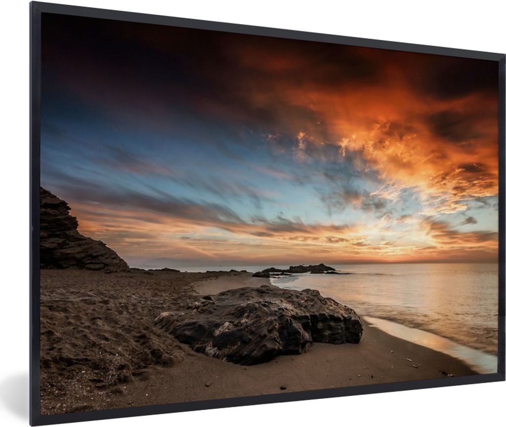 MuchoWow Gerahmtes Poster Strand - Steine - Abend - Himmel - Natur 60x40 cm - Poster mit Schwarzem Bilderrahmen Wandposter Rahmen Foto Bilder - P...