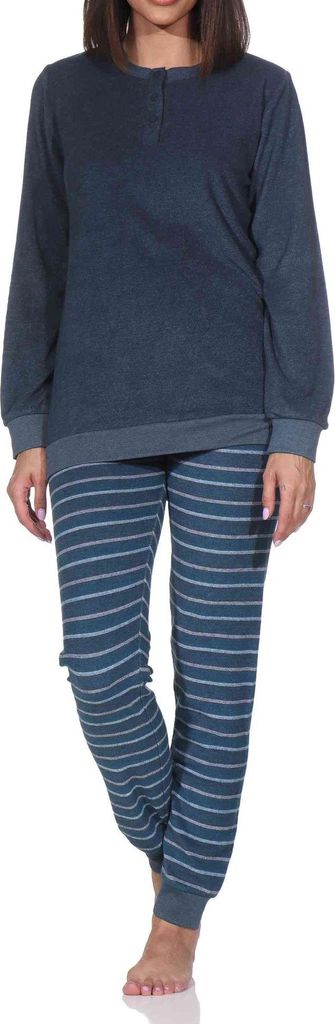 Normann Damen Frottee Schlafanzug mit Bündchen + Knopfleiste am Hals - auch in Übergrößen ; jeansmelange , 52