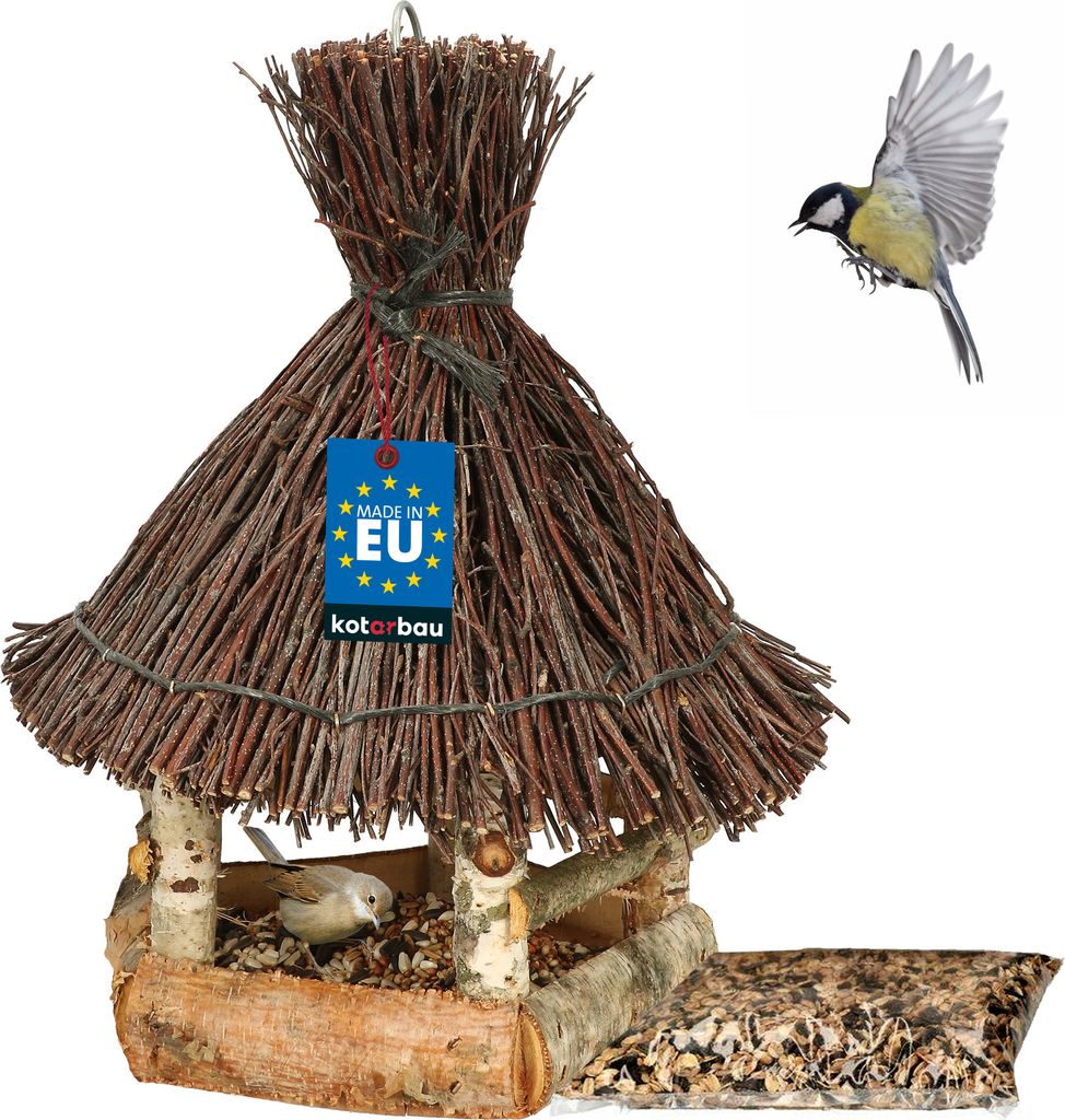 KOTARBAU Vogelhaus zum Aufhängen 29cm mit Weidendach Vogelhäuschen aus Holz Futterhaus für Vögel + Vogelfutter 0,5 kg Natürlich