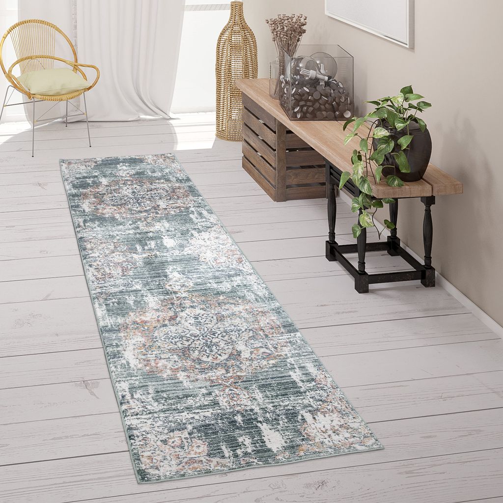Teppich Läufer Flur Schlafzimmer Kurzflor Vintage Pastell Orientalisches Muster Grösse 60x100 cm