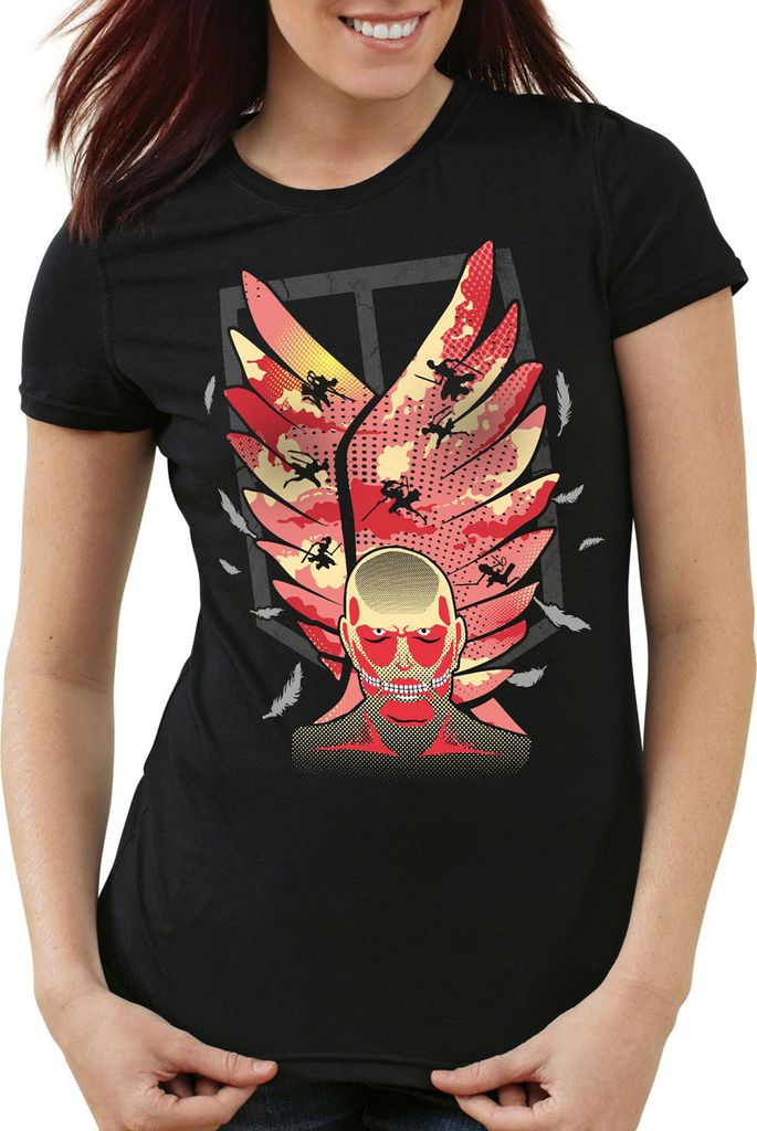 style3 Attack Wings Damen T-Shirt Aufklärungstruppe AoT, Farbe:Schwarz, Größe:XL