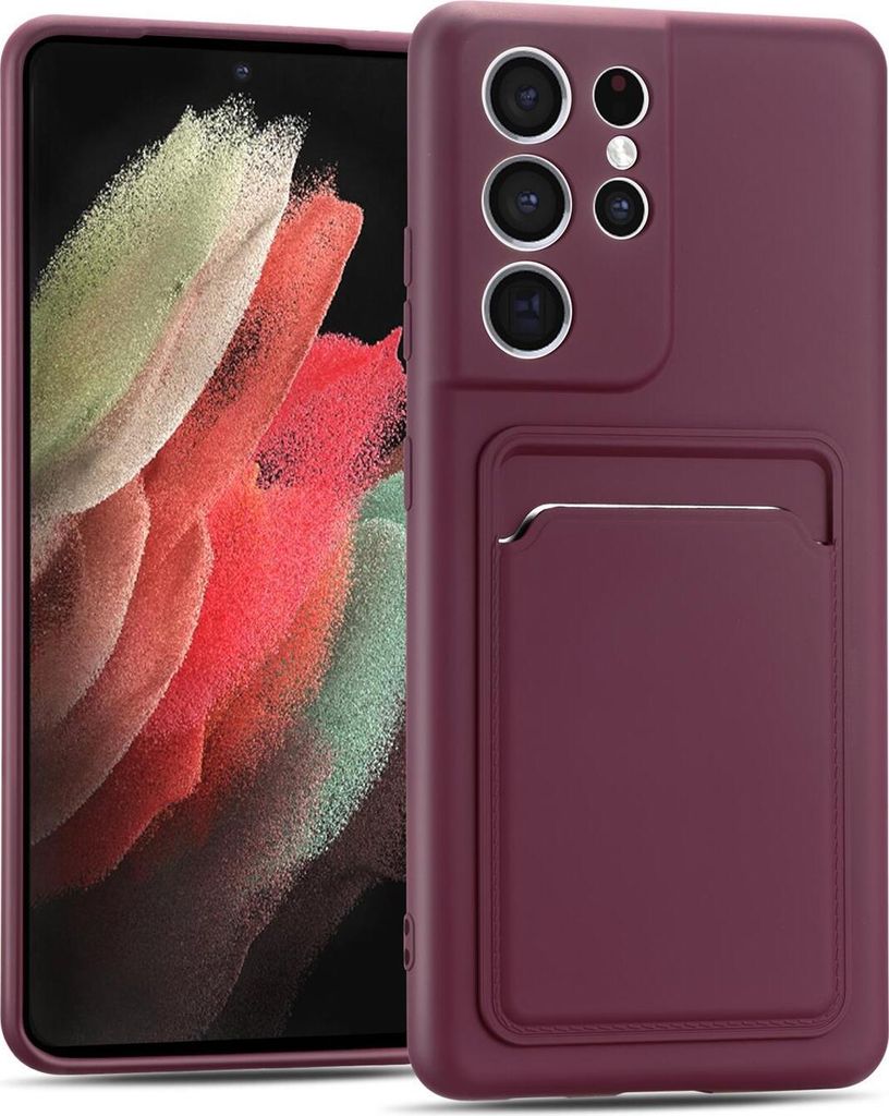 Conie Schutzhülle für Samsung Galaxy S21 Ultra mit Kartenfach Tasche Case Cover Bumper Silikon Hülle in Lila