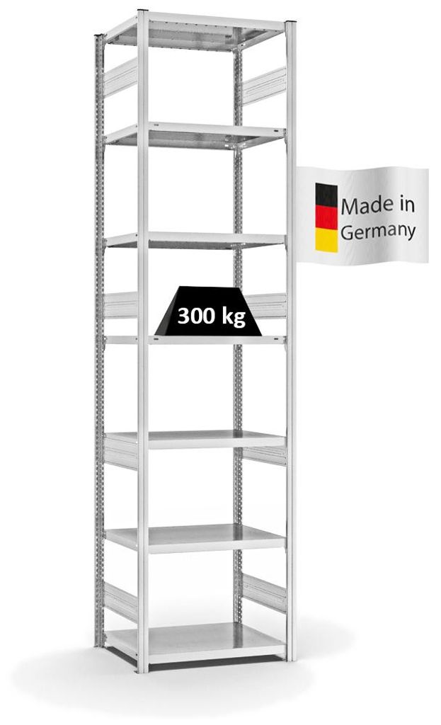 PROREGAL Fachbodenregal Stecksystem MAGNUS Germany | HxBxT 300x75x50cm | 7 Ebenen | Fachlast 330 kg | Beidseitig nutzbar | Lichtgrau