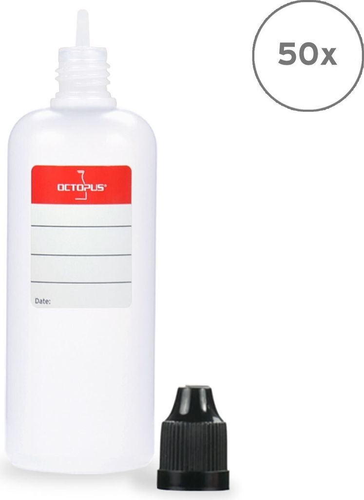 50 Plastikflaschen 100 ml LDPE, G14, Tropfeinsatz, Deckel schwarz,
