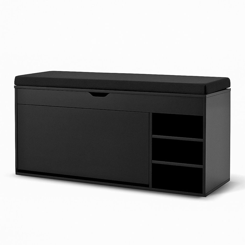 A black shoe cabinet with a padded seat on top, shown against a white background.
