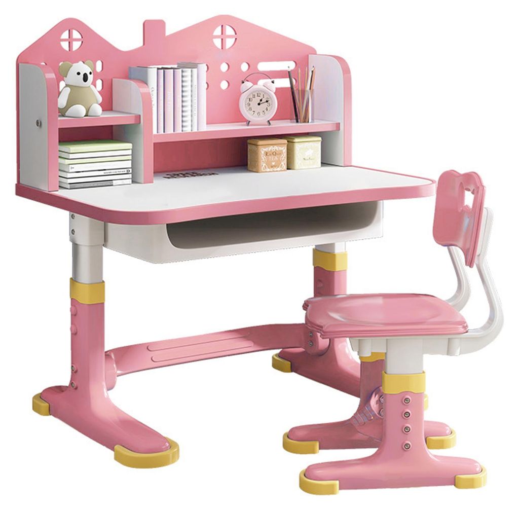 Funktionales Kinder-Schreibtisch-Set mit Stuhl, höhenverstellbarer Kinder-Schultisch mit Burg-Rückwand, verbreiterter Tischplatte, Buchablage und...