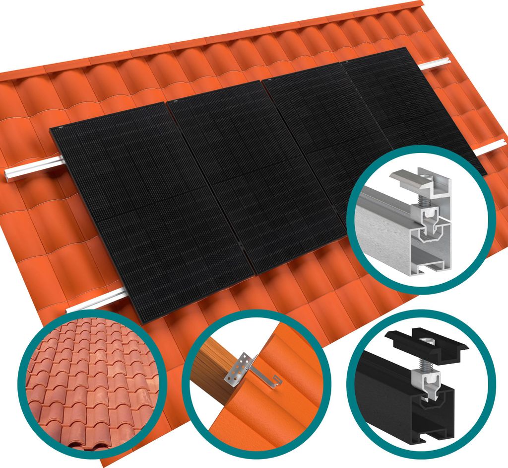 Solar Montageset Ziegeldach 4-Module Klickfix Silber 10cm