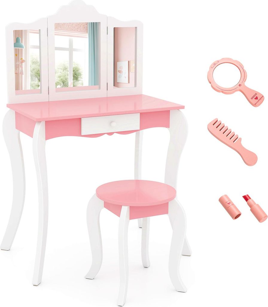 GOPLUS Schminktisch Kinder mit Hocker, 2 in 1 Frisiertisch mit dreifach klappbarem Spiegel, Abnehmbarer Platte, Schublade, Rosa + Weiß