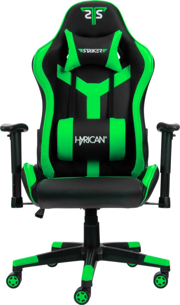 A gaming chair is shown from the front against a white background.