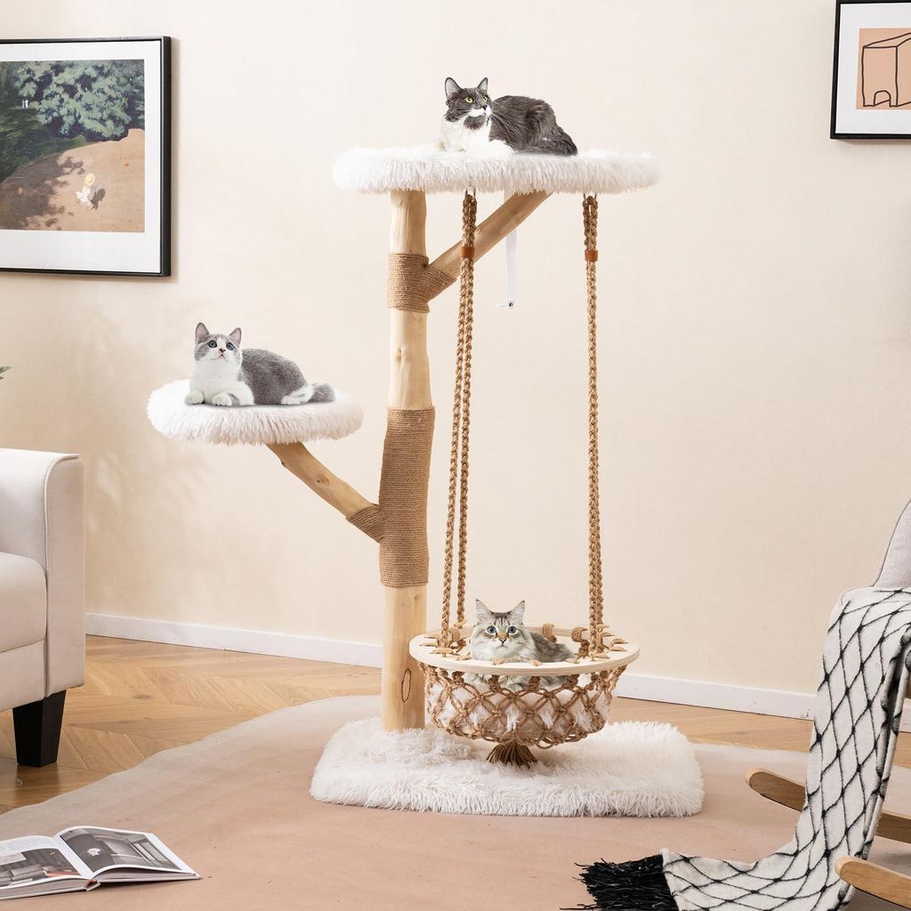GOPLUS Kratzbaum Holz, 123 cm Katzenbaum mit Hängeschaukel, Plüschplattform & Kratzsäulen aus Jute, Katzenkratzbaum, Katzenmöbel für Katzen
