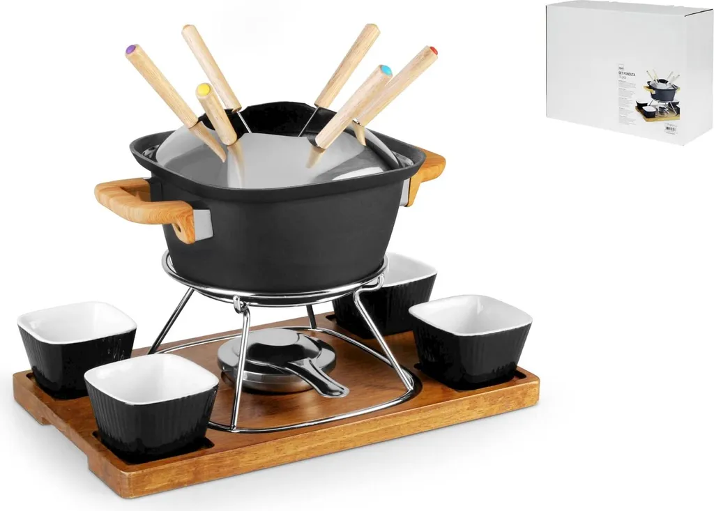 Set à fondue H&h 15 pièces en aluminium noir et bois pour 6 convives