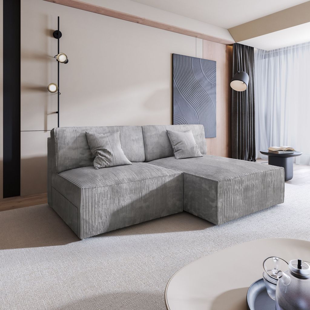 Masseno Ecksofa FIORO P mit Schlaffunktion L-Form, Sofa mit Bettkasten, Wohnzimmersofa, Couch, Soffa, Bettsofa, Couchgarnitur- Hellgrau, POSO 55