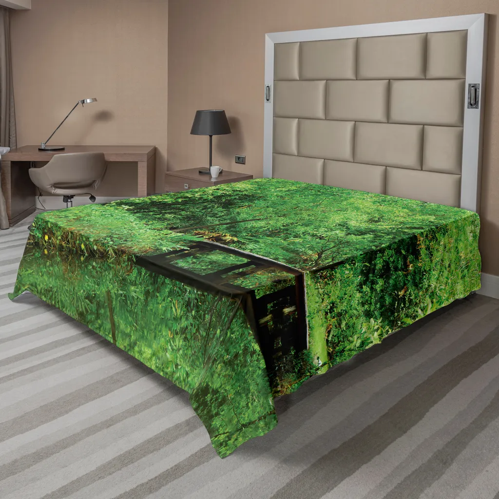 Drap de Lit Doux Motif Pont et Forêt 266 cm, Textile Déco Vert Marron