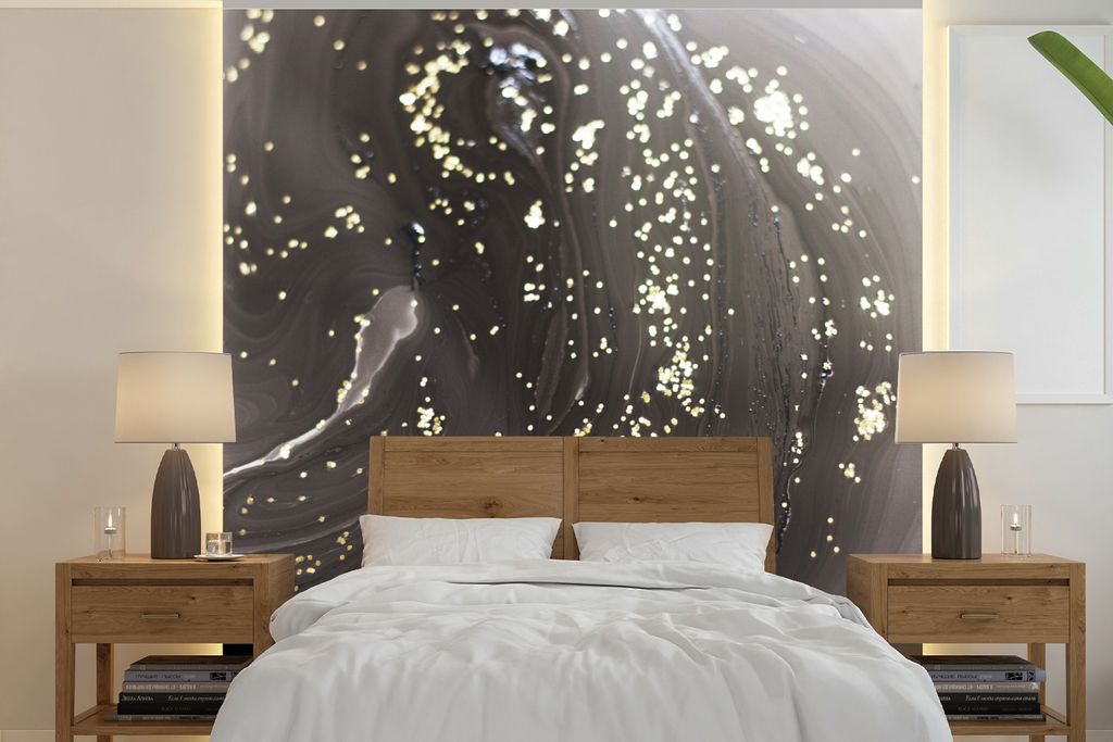 MuchoWow Fototapete für Wohnzimmer oder Schlafzimmer Wandtapete Vinyl Motivtapete Marmor - Gold - Schwarz - Muster - 350x350 cm - Schlafzimmerta...