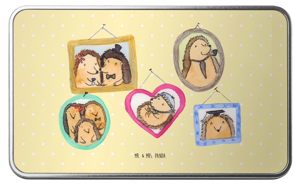 Mr. & Mrs. Panda Blechdose Igel Familie - Gelb Pastell - Geschenk, Keksdose, Geschenkbox, Liebe, Kaffeedose, Bilder, Vorratsdose, Aufbewahrungsbeh...