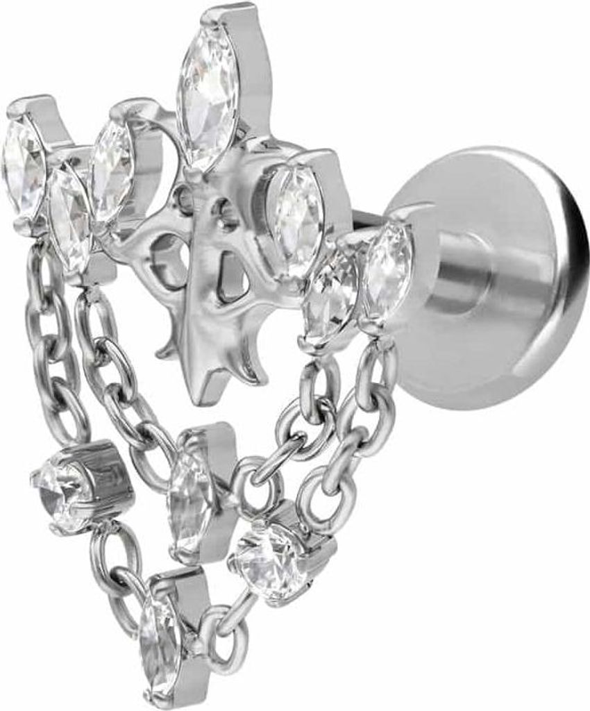 Ohrpiercing, Nasenpiercing Titan Labret mit Innengewinde GOTISCHE KRONE + KETTEN Silber Stablänge: 10mm | Stabstärke: 1,6mm