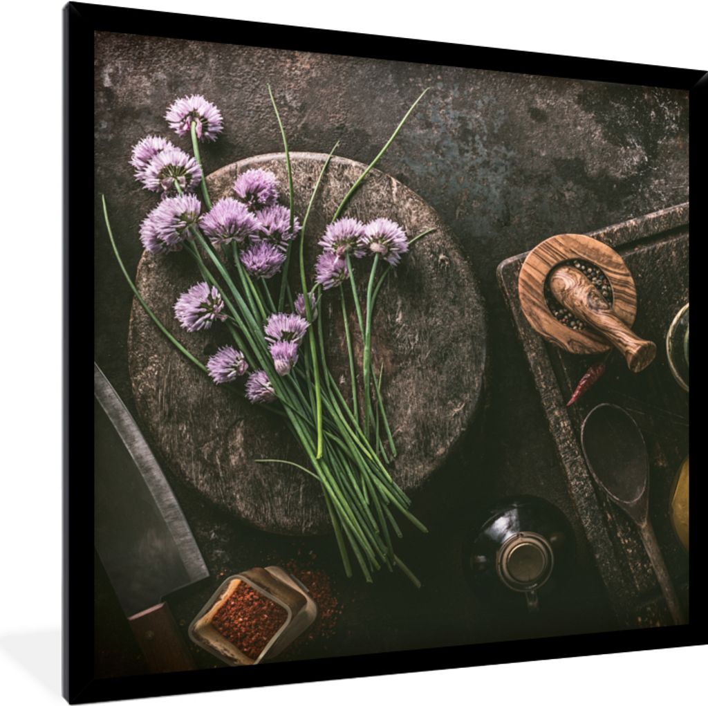 MuchoWow Gerahmtes Poster Schnittlauch - Küche - Mörser - Rustikal - Kräuter - Lila 40x40 cm - Poster mit Schwarzem Bilderrahmen Wandposter Ra...