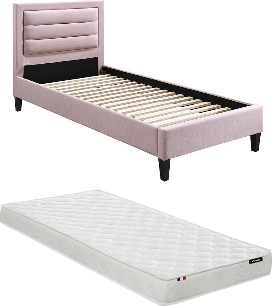 Bett 90 x 190 cm mit gepolstertem Kopfteil + Matratze - Rosa - MACHUPIO