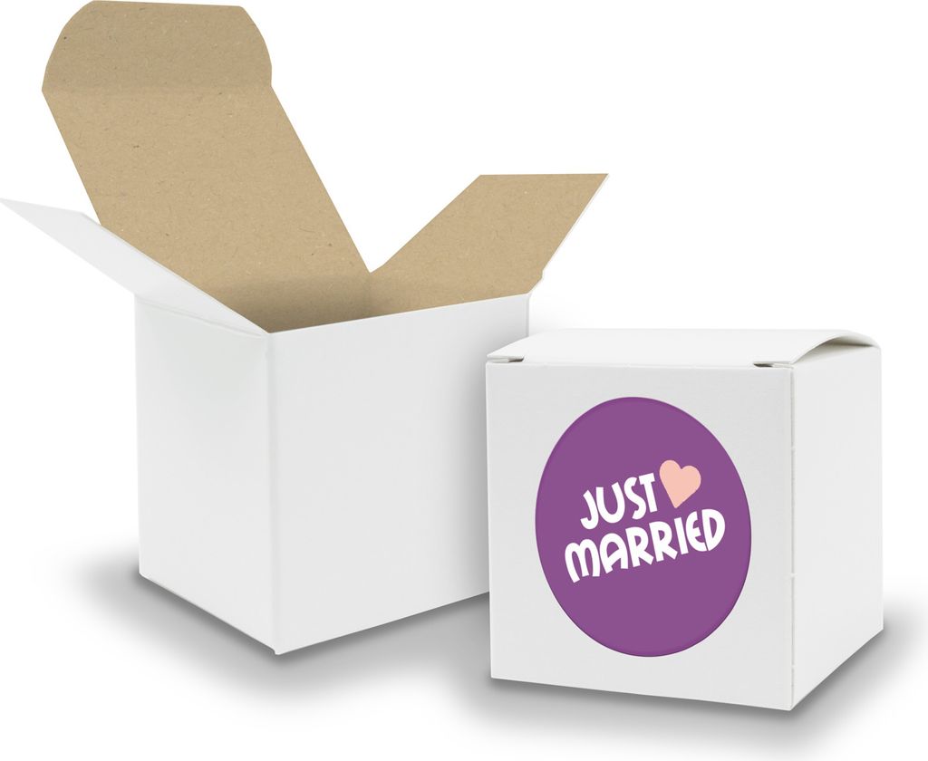 SET JustMarried (Motiv43) 24x Faltschachtel Würfel 6,5cm weiß innen braun+Sticke