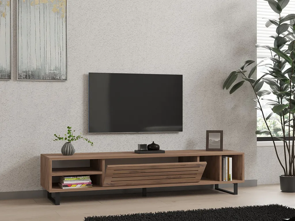 Banc TV 160cm Pin Atlantique Safir Skye Decor avec Rangements Ouverts