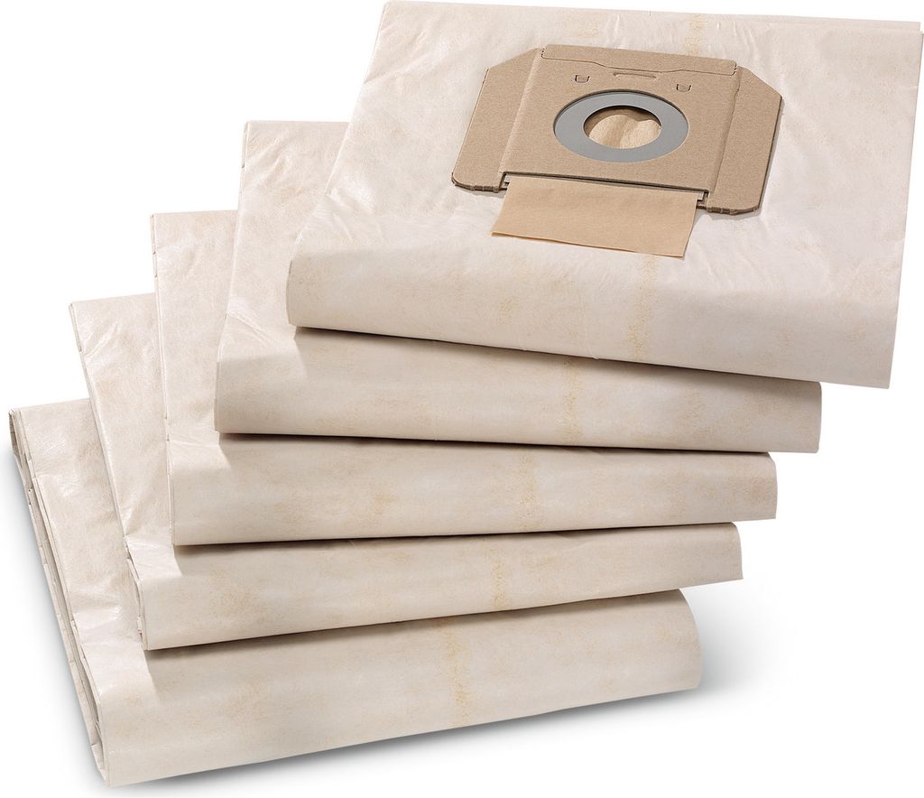 A stack of beige vacuum cleaner bags, with one bag on top showing its cardboard connector.
