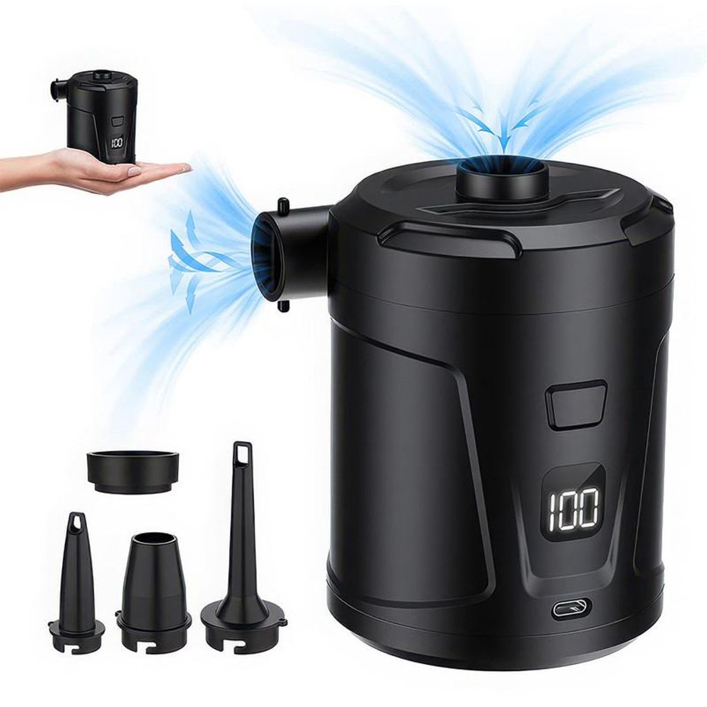 Elektrische Luftpumpe Akku Mini Camping Pumpe 5200mAh mit LED Anzeige 4000Pa aufblasen & absaugen für Luftmatratze Outdoor