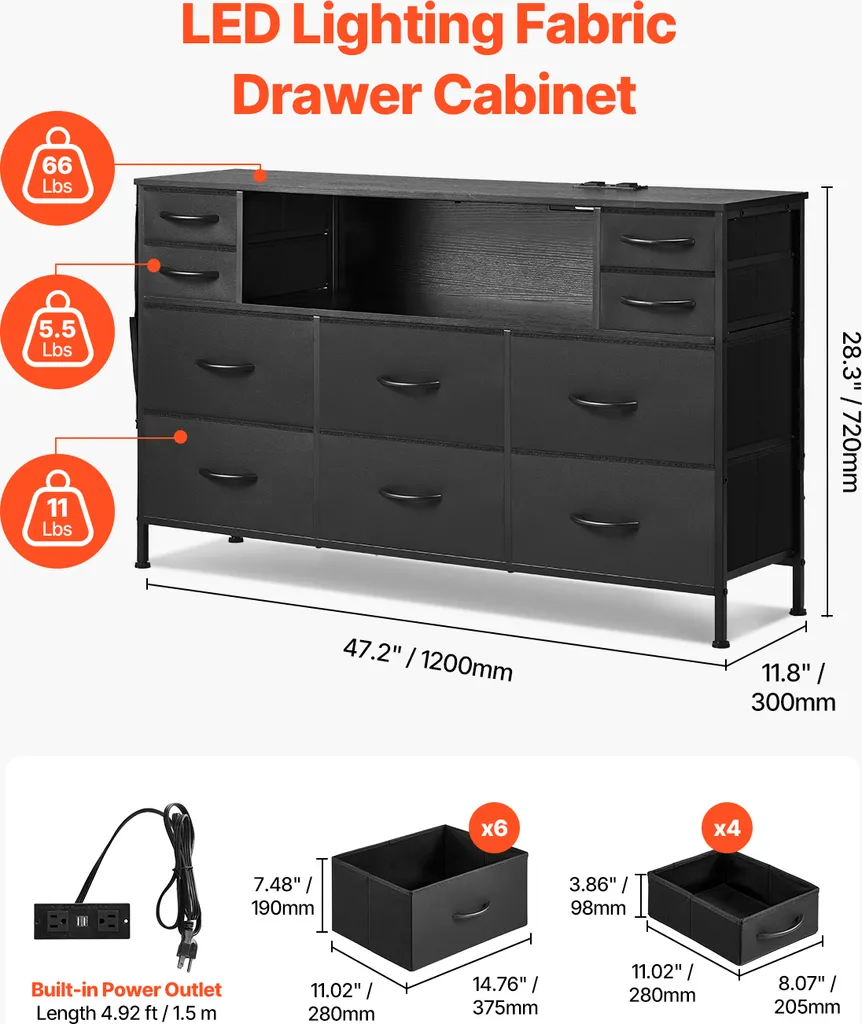 Commode LED avec prises électriques, 10 tiroirs en tissu noir de rangement