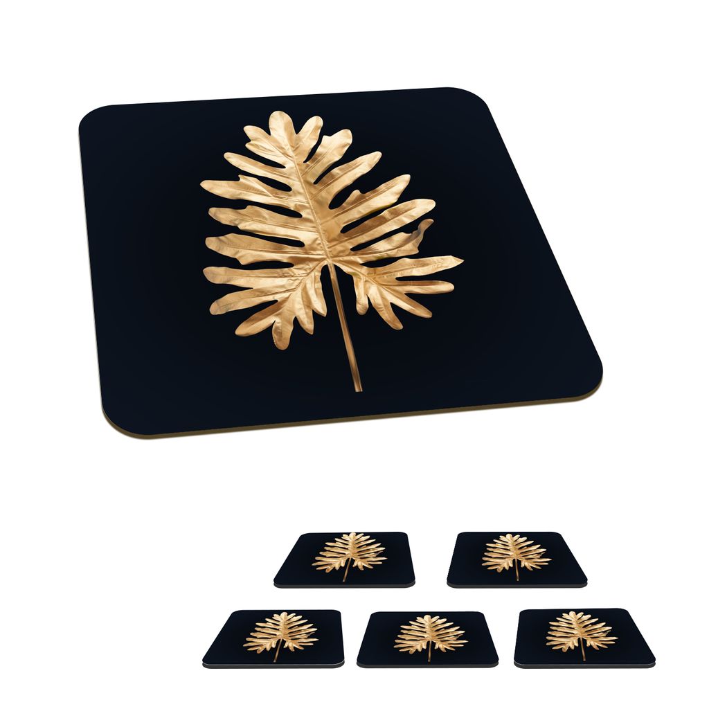 KitchenYeah Glasuntersetzer Quadratisch 6er Set Blätter - Herbst - Gold - Schwarz - Natur - Luxus 10x10 cm Untersetzer für Gläser - Getränke...