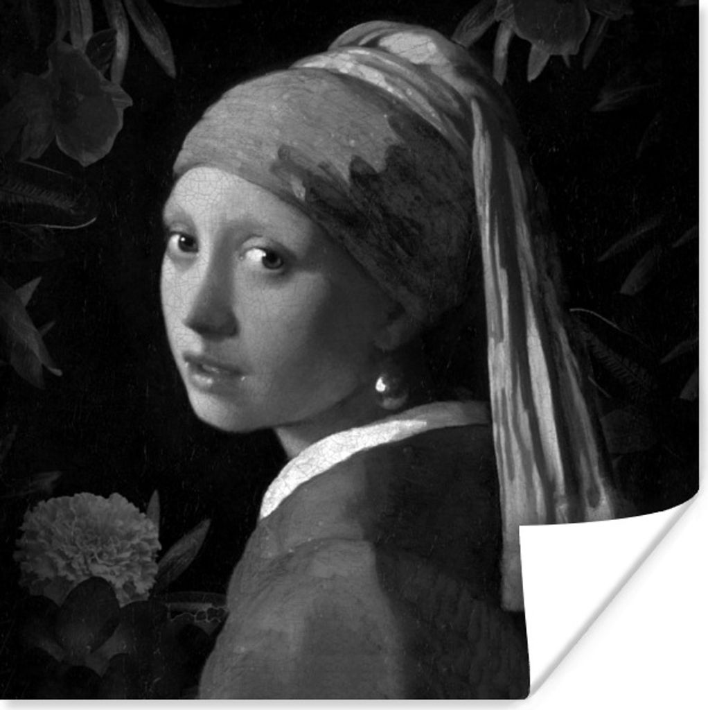 MuchoWow Poster Das Mädchen mit dem Perlenohrring - Johannes Vermeer - Schwarz und weiß 75x75 cm - Wand Dekoration