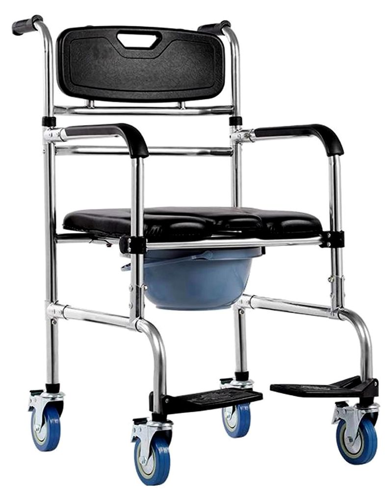 Höhenverstellbarer Duschstuhl mit Rollen, rutschfeste Armlehnen und Rückenlehne für Sicherheit und Komfort bei älteren Menschen