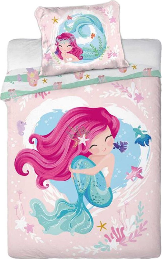A children's duvet cover and pillowcase set featuring a cartoon mermaid design.